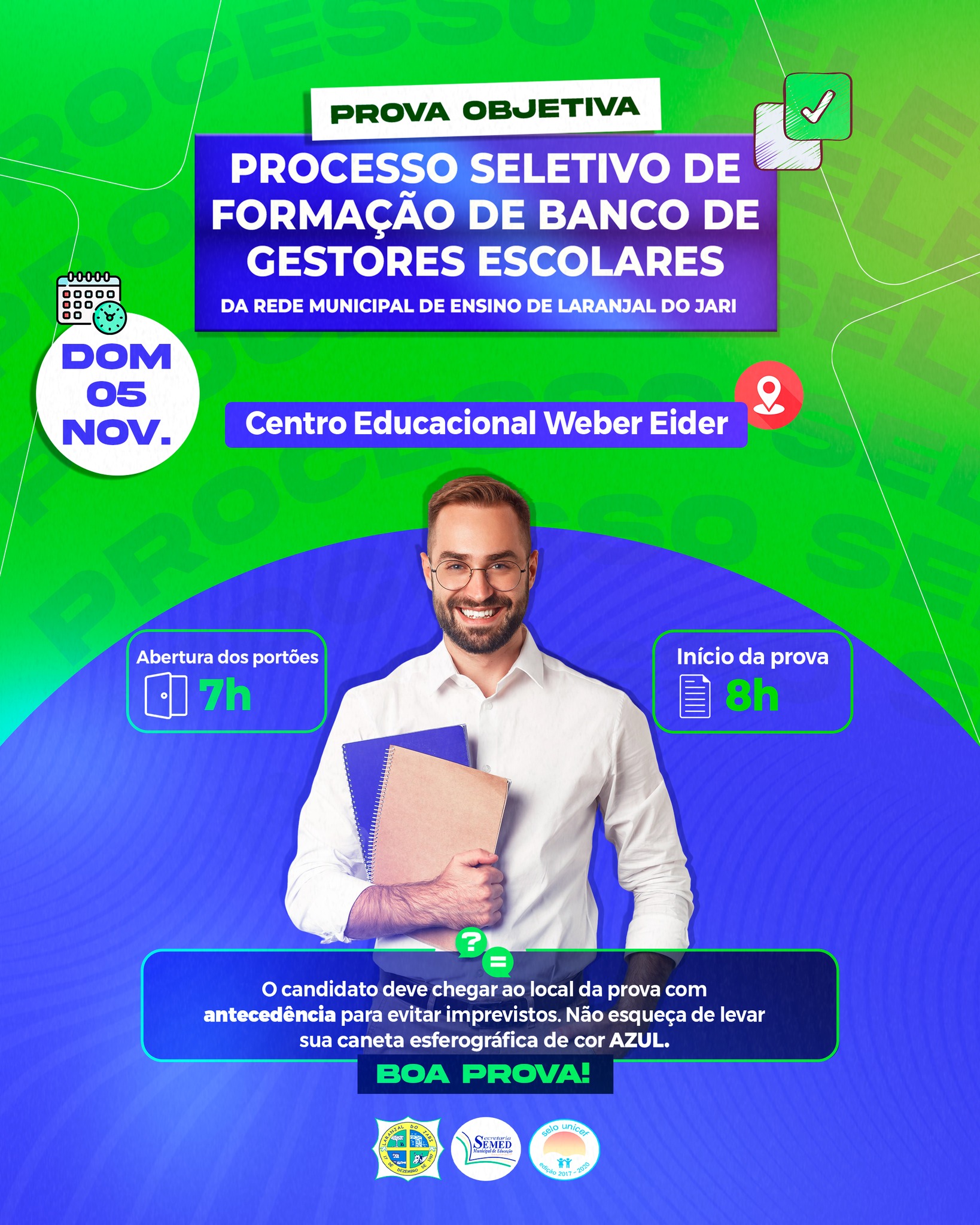 PROVA OBJETIVA - PROCESSO SELETIVO DE FORMAÇÃO DE BANCO DE GESTORES ESCOLARES DA REDE MUNICIPAL DE ENSINO DE LARANJAL DO JARI